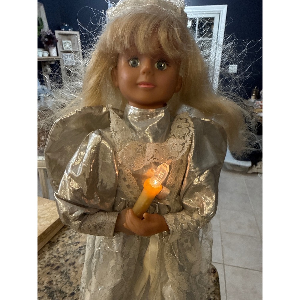 Vintage Musical-Light Up Angel Doll Silver Lace Dress 18 Inch Blonde